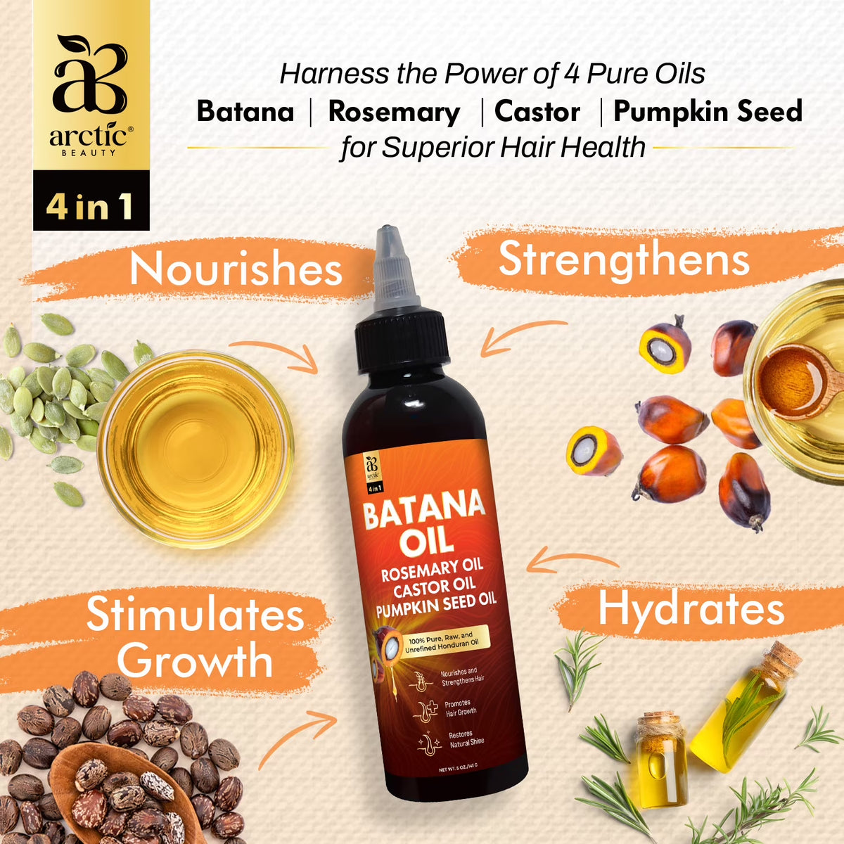 Batana Oil with Rosemary, Castor, Pumpkin Seed Oil, Organic Hair & Scalp Care, 5 Oz