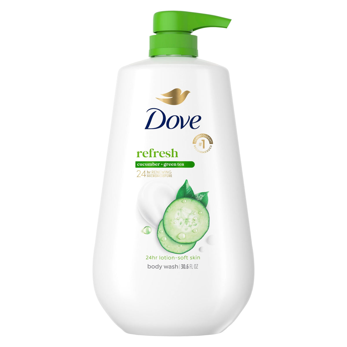 Body Wash with Pump for 24Hr Lotion-Soft Skin Refresh Cucumber & Green Tea Moisturizing Skin Cleanser with No Sulfates No Parabens, 30.6 Fl Oz
